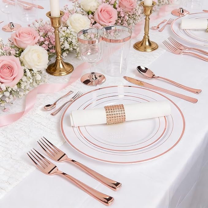 WDF-125PCS Rose Gold Plastic Silverware&Disposable Plastic Plates - Disposable Plates include 25 Dinner Plate,25 Salad Plate,25 Forks, 25 Knives, 25 Spoons for Mother's Day Wedding Party Birthday