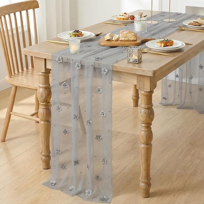 Artoid Mode Gray Flower Pearl Gray Gauze Table Runner 10FT, Seasonal Sheer Dining Holiday Wedding Birthday Baby Shower Table Decor for Home Party