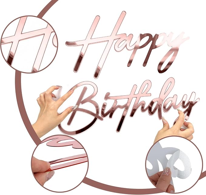 Happy Birthday Sign for Backdrop - Large Acrylic 'Happy Birthday' Mirror Sticker Sign for Birthday Balloon Arch Backdrop Party Wall Decor - Rose Gold