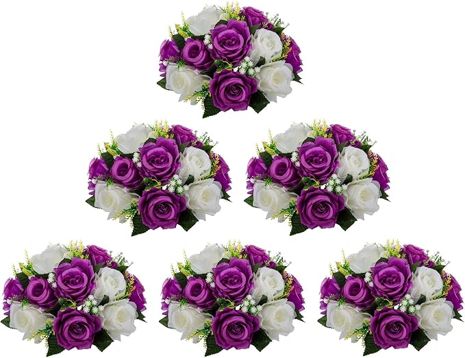 Artificial Flower Centerpieces for Tables: 6pcs of Rose Flower Balls, Flower Kissing Balls, Fake 15-head Plastic Flower Roses with Base for Birthday Party Christmas Home Wedding Decor (Purple White)