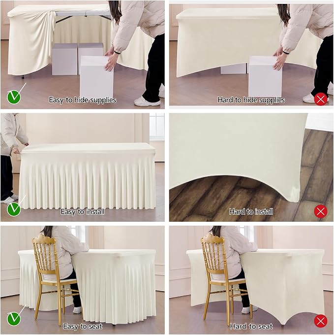 Leegleri 4 Pack Ivory Spandex Tablecloths for 8ft Rectangle Tables, Wrinkle Free Fitted Table Cloths with Skirt for Parties, Weddings, Birthday, Banquet, Baby Shower