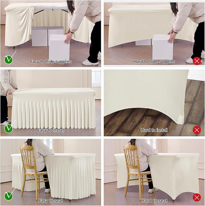 Leegleri 6 Pack Ivory Spandex Table Clothes for 6ft Rectangle Tables, Wrinkle Free Fitted Tablecloths for Parties, Weddings, Banquets, Baby Showers