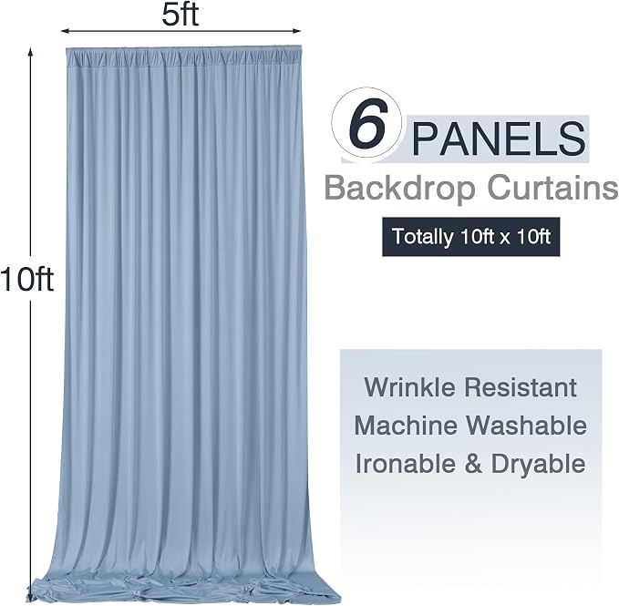 30x10ft Wrinkle Free Dusty Blue Backdrop Curtains for Parties, 6 Panels 5x10ft Silky Polyester Photo Backdrop Drapes Back Drop Cloth Drapery for Wedding Birthday Photography Background