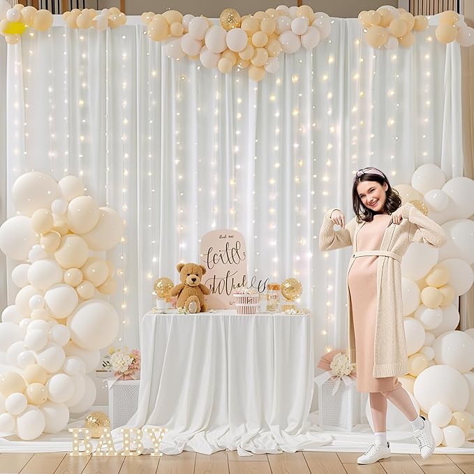 10ft x 10ft White Chiffon Backdrop Curtain with Lights String for Parties,2 Panels Sheer Tulle Curtain Wedding Backdrop with Lights for Baby Shower Birthday Party Ceremony Reception Home Decorations