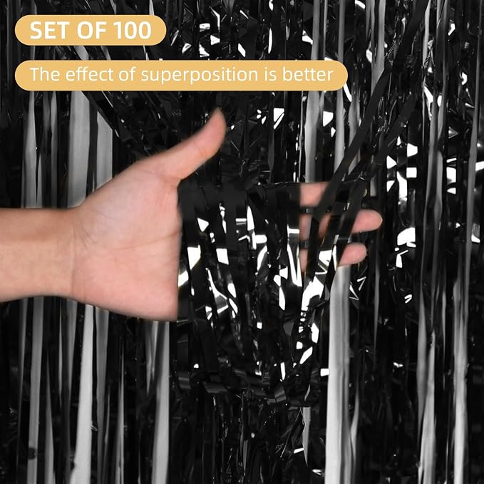 100 Pack Black Foil Fringe Backdrop Curtains 3.2ft x 8.2ft Black Tinsel Foil Fringe Curtains for Birthday Party Decorations Photo Booth Backdrop for Halloween Christmas New Year Holiday Decorations