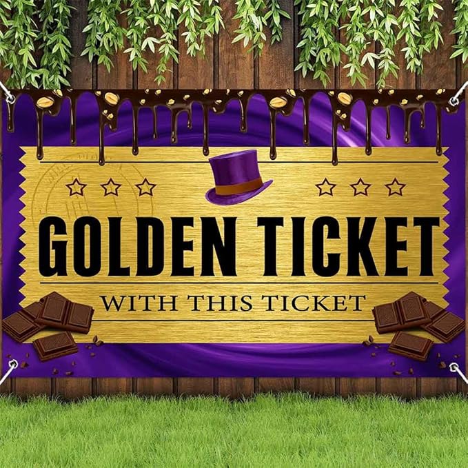 6x4FT Golden Ticket Banner Chocolate Factory Backdrop Purple Chocolate Factoy Kids Birthday Party Background for Adults Kids Birthday Baby Shower Party Decorations Supplies TAYHBDJ106