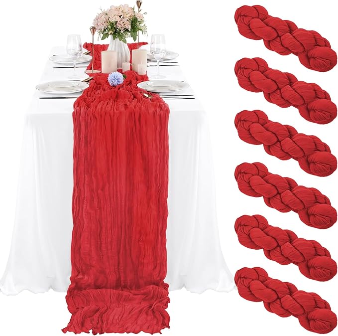 6 Pcs Red Cheesecloth Table Runner 10FT, Gauze Table Runner for Wedding Reception Sheer Bridal Shower Birthday Party Boho Table Decoration, Rustic Romantic Wedding Runner