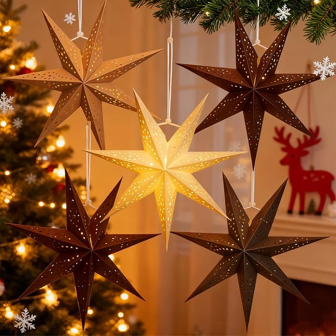 Paper Lantern Christmas 5Pcs Hanging Stars 7 Pointed 12 Inch White Gray Brown Hanging Stars Lanterns Christma Lamp Decorations Wedding Birthday Christmas Home Party