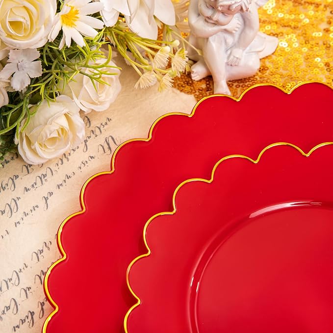 LIYH 60 Pcs Red Plastic Plates Disposable with Gold Edge Scalloped Red Gold Disposable Plates Includes 30 Dessert & 30 Dinner Plate Dishes Tableware for Party