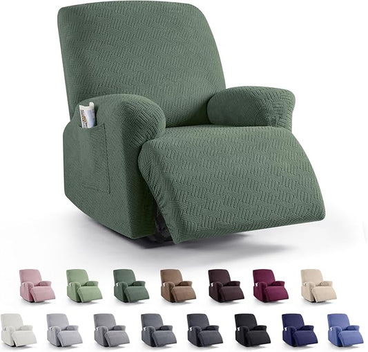 KinCam Recliner Covers, Stretch Reclining Chair Covers, Recliner Sofa Slipcovers Stripe Jacquard Recliner Couch Covers Furniture Protector Covers (1 XL Seater, Greyish Green)