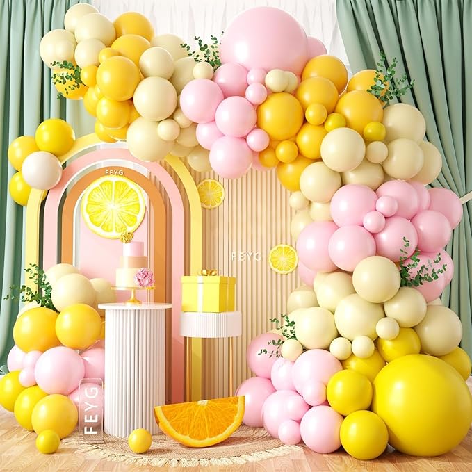 Pastel Yellow Pink Balloon Garland Arch, Lemon Balloon Garland Kit with Pastel Baby Pink Balloons Yellow Latex Party Balloon for Baby Shower Lemon Theme Birthday Tropical Bridal Wedding Party