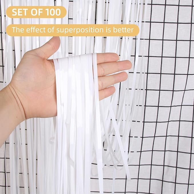 100 Pack White Foil Fringe Backdrop Curtains 3.2ft x 8.2ft Tinsel Foil Fringe Curtains for Birthday Party Decorations Photo Booth Backdrop for Halloween Christmas New Year Holiday Decorations