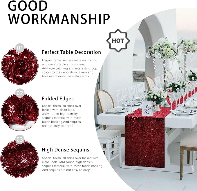 10 Packs 12 x 72 inches Burgundy Sequin Table Runner, Glitter Runner for Birthday Party Supplies Wedding Holiday Celebration Baby Shower Engagement Anniversary Decor