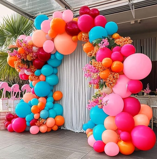Hot Pink Blue Orange Balloon Garland - Double Stuffed Teal Orange Pastel Pink Peach Latex Metallic Burgundy Balloon Arch Kit for Colorful Baby Shower Wedding Gathering Birthday Party Decoration