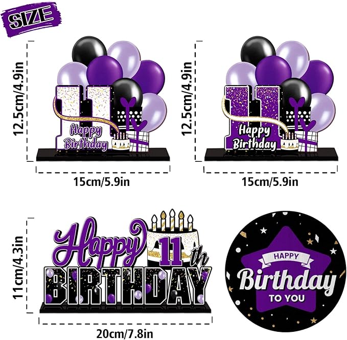 LINGTEER Happy 11th Birthday Purple Acrylic Table Topper Centerpieces Set - Cheers to Eleven Years Old Birthday 11th Bday Party Gift Decorations.