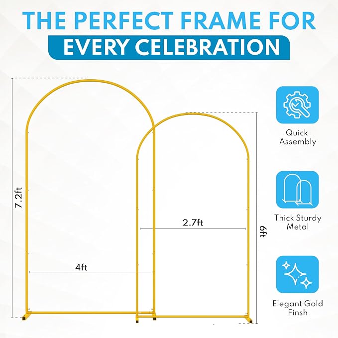 Metal Arch Backdrop Stand and Cover Set - 2 Gold Arches (7.2ft, 6ft) - Water Weights - 2 White Stretchy Spandex Covers, Bags & Case - Wedding, Birthday, Baby Shower, Party Decor