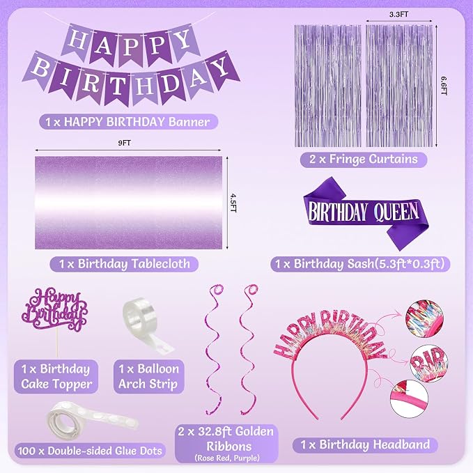 280 Pcs Purple Birthday Party Decorations for Women, Purple Pink Happy Birthday Party Decorations for Girls, 100Pcs Paper Plates, Napkins, Cups, Forks for 20 Guests Tableware Sets, Bday Sash and Crown