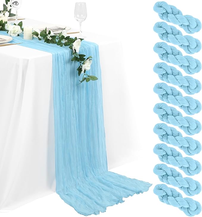 10 Packs Cheesecloth Table Runner Baby Blue, 35x120 inch Light Blue Rustic Gauze Boho Wedding Table Runner Decoration, Wedding Table Decor Table Cloth for Wedding Party Bridal Shower Table