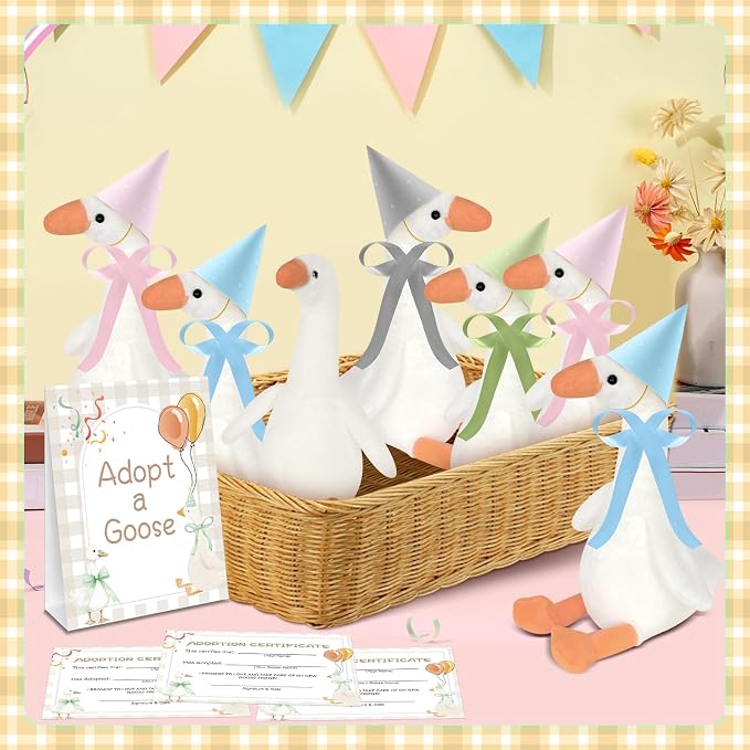 42 Pcs Adopt a Silly Goose Party Favor Include 12 Silly Goose Stuffed Animal 12 Mini Hat 12 Adoption Card 1 Adoption Sign 4 Ribbon 1 Fence for One Silly Goose Baby Shower Party 1st Birthday Decoration