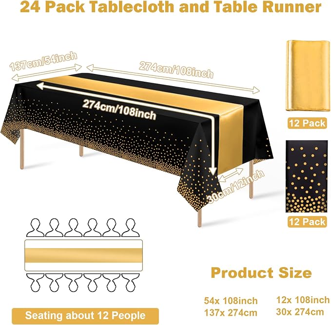 24Pack Disposable Plastic Tablecloths and Satin Table Runner Set Black Gold Dot Table Cloth Gold Satin Table Runner for Graduation Wedding Birthday Baby Shower Anniversary Holiday Party Decorations