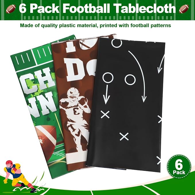 NatNarr 6 Pack Plastic Football Tablecloth, Football Party Decorations 54 x 108 Inch Disposable Table Cloth for Rectangle Tables Touchdown Table Cover for Football Theme Party Games Decor