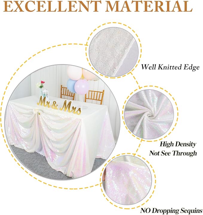 ShiDianYi Iridescent White Tablecloth 90X156 Inch Sequin Tablecloths for Birthday Baby Shower Decor White Table Cloth for Rectangle Table Shimmer Mermaid Linen Rectangular