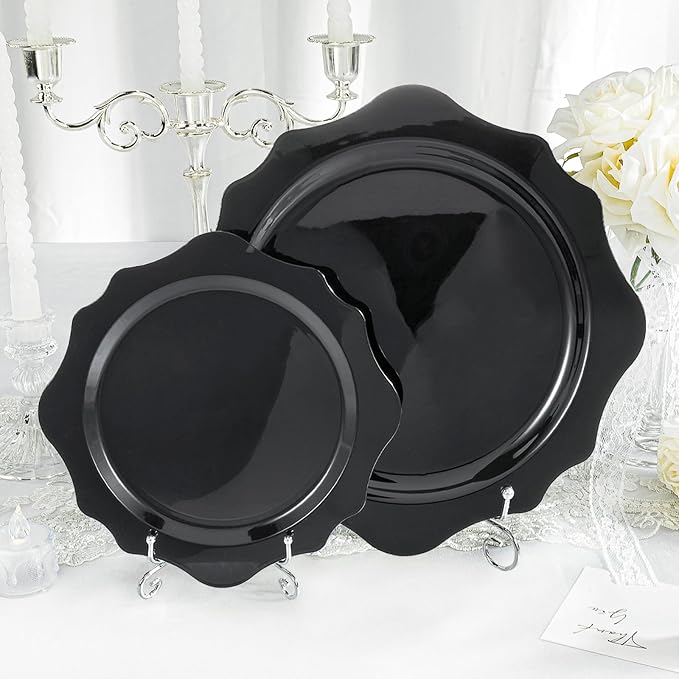 realluck 100 PCS Black Disposable Plates for 50 Guests, Scalloped Plastic Plates Include 50 Dinner Plates and 50 Dessert Plates for Party, Wedding, Graduation and Father's Day