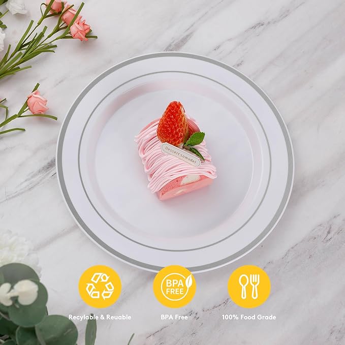 Goodluck 200PCS Silver Plastic Plates,Heavy Duty Disposable Silver Plates with 100 10.25 inch Dinner Plates and 100 7.5 inch Dessert Plates, Disposable Plates for Party, Holiday, Wedding