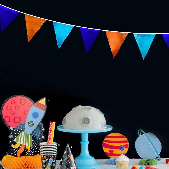 Orange Blue Party Decorations Metallic Fabric Triangle Pennant Flag Bunting Banner Garland for Birthday Baby Shower Graduation Bridal Shower Wedding Bachelorette Engagement Space Theme Party Supplies