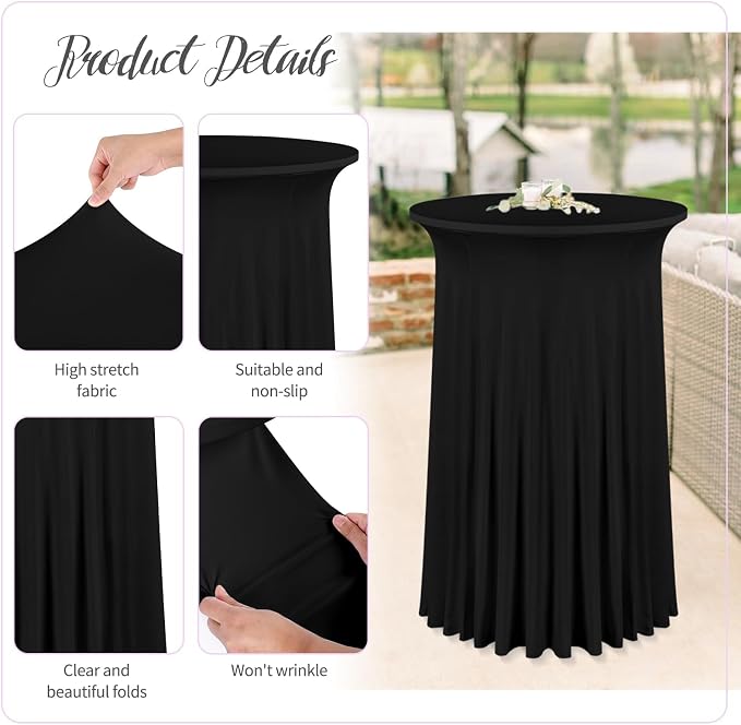 6 Packs 24"x 43" Round Cocktail Table Skirt, Spandex Fitted High Top Table Skirt, Spandex Stretch Cocktail Tablecloth for Wedding Party Bar Banquet Birthday Tables(Black)