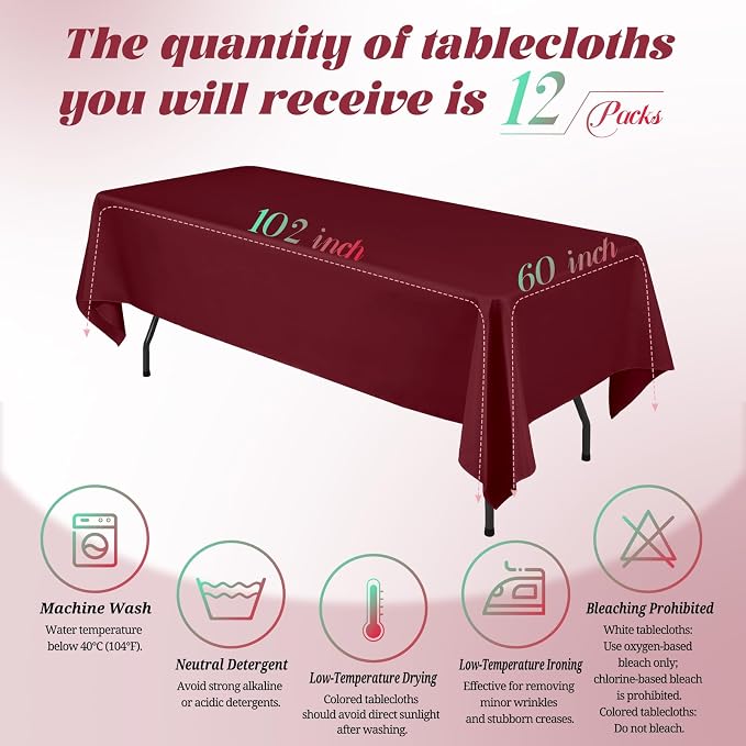Teruntrue 12 Packs Burgundy Tablecloths 60x102 inch Rectangle Table Cloth for 6 Foot Rectangle Tables, Washable Polyester Fabric for Wedding Parties Banquet Holiday Dinner Table Decorative, Burgundy