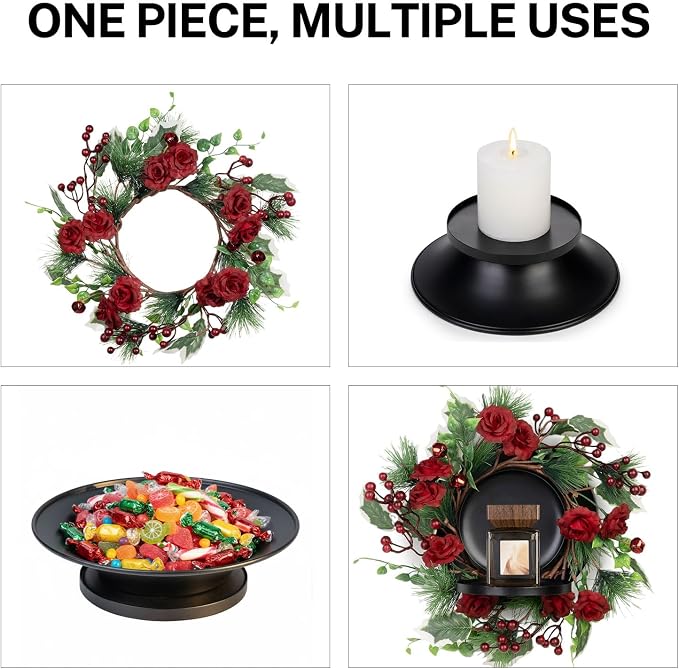MOYEE Christmas Winter Centerpieces for Tables Candle Ring, Black Metal Candlestick with an Artificial Wreaths 14 in Versatile Dining Table Centerpiece Decor (Rose Wreath)