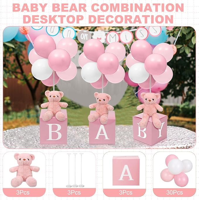 Lenwen 3 Sets Jungle Animal Decoration for Baby Shower Letter Boxes Baby Shower Table Centerpiece Stuffed Animals Balloon with Stand Plush Boxes for Party(Pink,Bear)