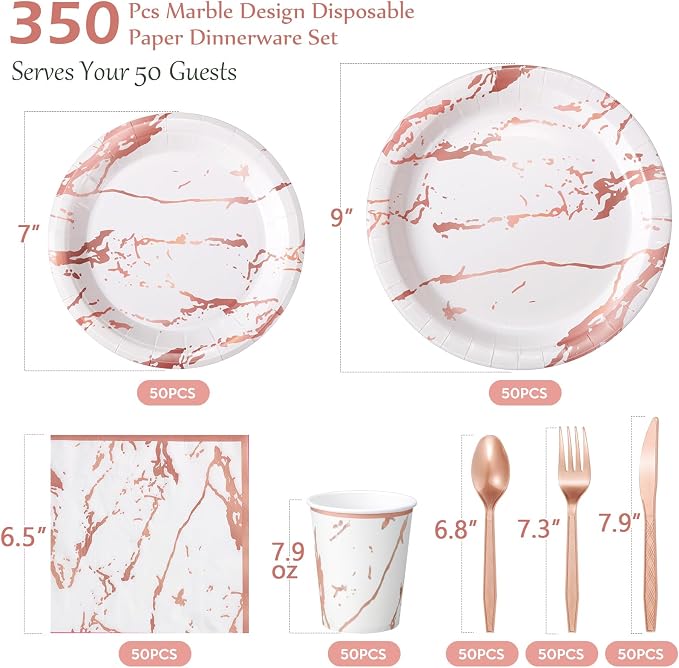 Bokon 350 Pcs Rose Gold Party Supplies Disposable Dinnerware Set Include 100 Plates 50 9 oz Paper Cup 50 Sets Spoon Fork Knives 50 Napkin for 50 Guests Wedding Birthday Valentines Party Decoration