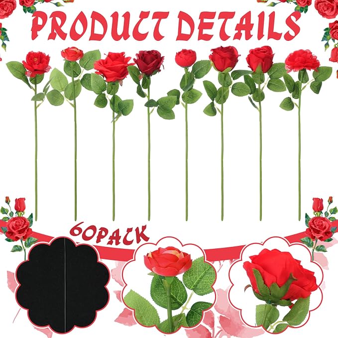 Lyrow 60 Pack Red Roses Artificial Flowers Bulk Hanging Floating Garland Fake Red Rose Vine for Ceiling Decoration Wedding Anniversary Bridal Bouquet DIY Floral Arrangement Proposal Romantic Decor
