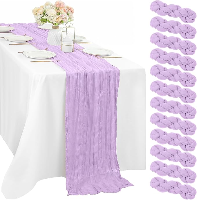 12 Pieces Lilac Cheesecloth Table Runner 10FT Pink Runner for Tables Gauze Fabric Boho 35 x 120 Inches Long Table Runner Decoration Rustic Sheer Runner for Wedding Baby Birthday Party Lilac