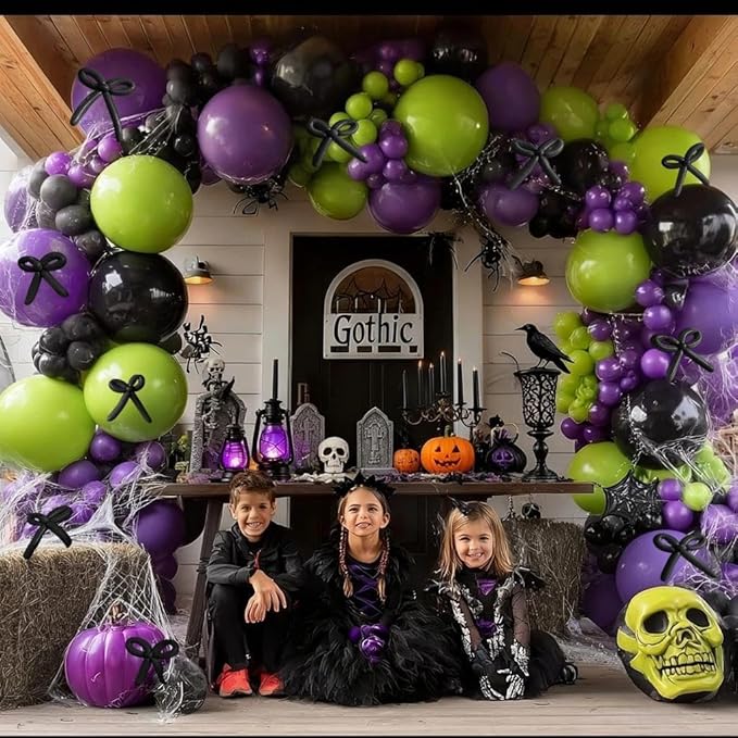Black Purple Balloon Garland Arch Kit, Double Stuffed Purple Black Balloons Lime Green Lavender Balloon Arch for Wedding Birthday Baby Shower Gothic Wednesday Party Decorations