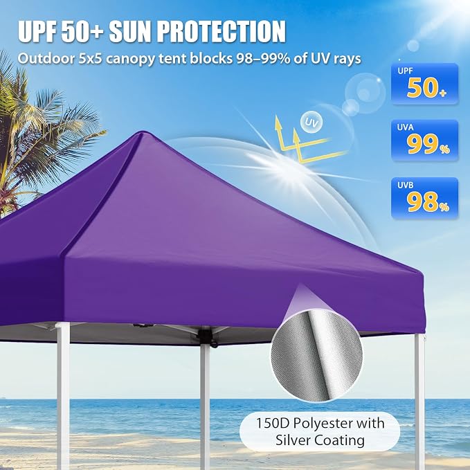 EAGLE PEAK 5x5 Pop Up Canopy Tent Instant Outdoor Canopy Easy Set-up Straight Leg Folding Shelter, Purple