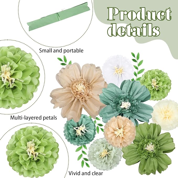 Crowye 12 Pcs Large Colorful Tissue Paper Flowers Decorations Giant Fiesta Craft Crepe Paper Flowers for Wall Decor Backdrop Mexican Wedding Birthday Carnival Party (10'' 20'',Green Color)