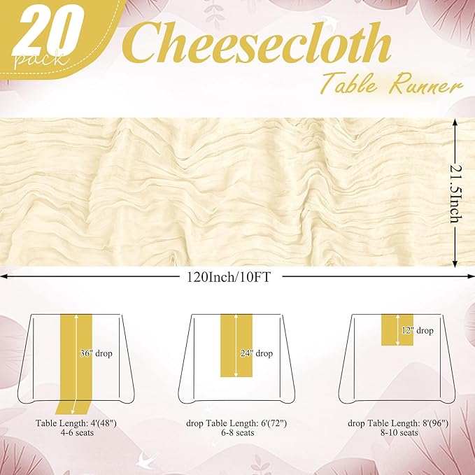 20 Pack Ivory Cheesecloth Table Runner 10FT Long Boho Gauze Fabric Table Runner Vintage Rustic Sheer Runners for Wedding Party Bridal Baby Shower Table Decorations