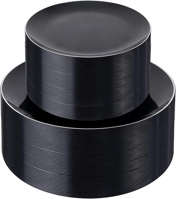 bUCLA 100PCS Black Plastic Plates - Heavy Duty Black Disposable with Silver Rim Include 50 Each (10 inch Dinner & 7 inch Dessert) Plates, Ideal for Party & Graduation