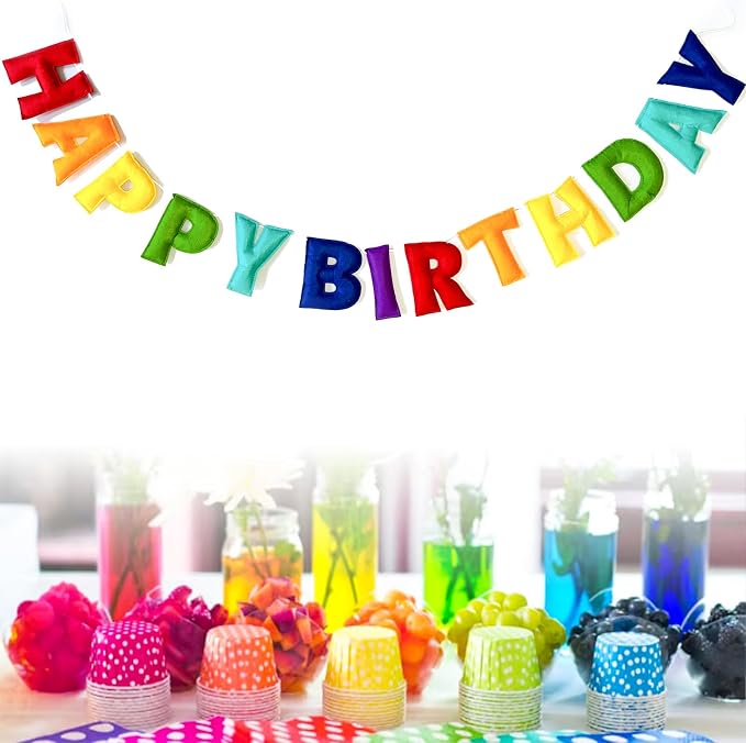 Pre-Strung Happy Birthday Banner - Felt Ball Garland, Rainbow Party Decorations, HAPPY BIRTHDAY Garland, Personalized Birthday Sign for Birthday Decor, Party Decor, Photo Prop (Rainbow Themed Happy Birthday Banner)