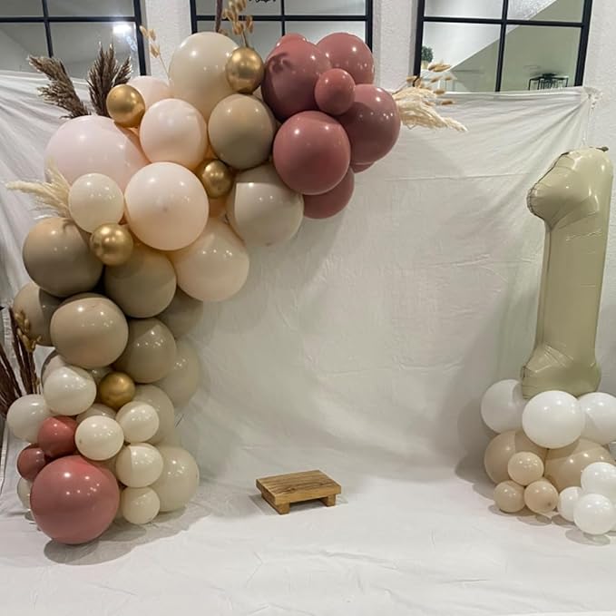 Double Stuffed Dusty Pink Cream Balloon Arch Kit, Boho Neutral Balloon Garland Dusty Rose Mauve Blush White Sand Blush Brown Metallic Gold Balloons for Bridal Shower Wedding Birthday Party Decoration
