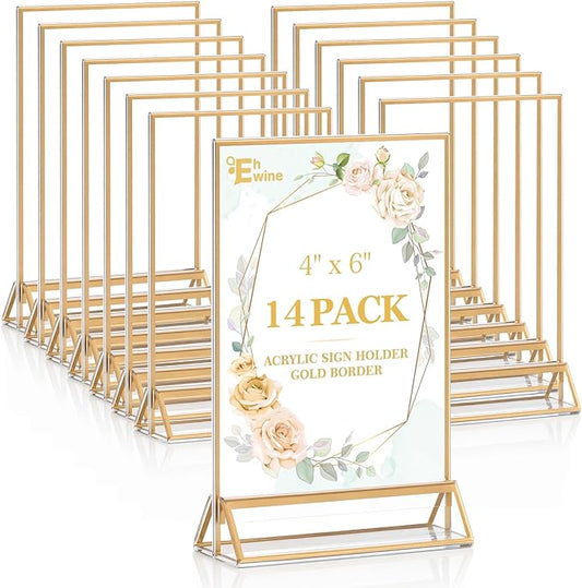 EHWINE 14 Pack 4×6 Clear Acrylic Sign Holder with Gold Borders and Vertical Stand, Double Sided Table Menu Holders Picture Frames for Wedding Table Numbers, Restaurant Signs, Photos and Art Display