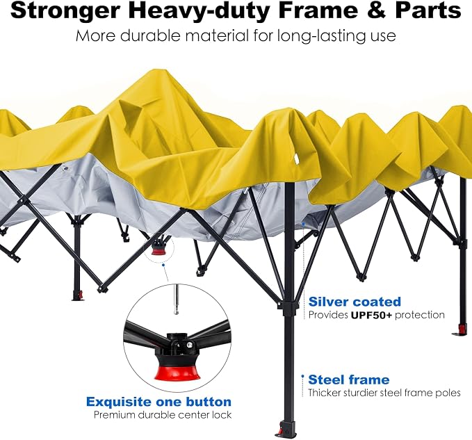 GAFETE 10×10 Pop Up Canopy Tent with 1 Pockets Sidewall, Easy up Sun Shade with One Push Setup, Portable Instant Outdoor Canopy Tent for Events Parties Camping with Carrying Bag (Yellow, 10x10 FT)