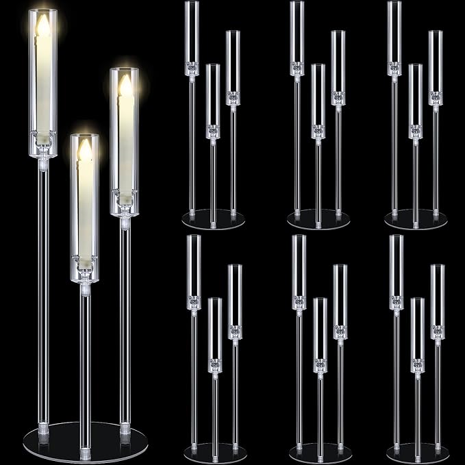 Layhit 6 Set Wedding 3 Arm Acrylic Candelabra Table Centerpiece 30.7" Clear Tall Floor Candle Holder with Shade Pillar Taper Stand for Dining Party Anniversary Birthday Easter Fit 0.87 LED Candle