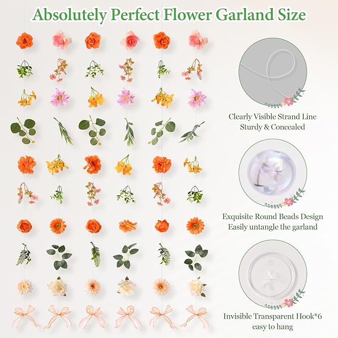 Livole 6Pcs 36Ft Hanging Flower Garland with Bow Orange Wildflower Garlands Backdrop Silk Rose Fake Floral Vines with Hooks for Spring Party Wedding Birthday Anniversary Arch Wall Garden Decor