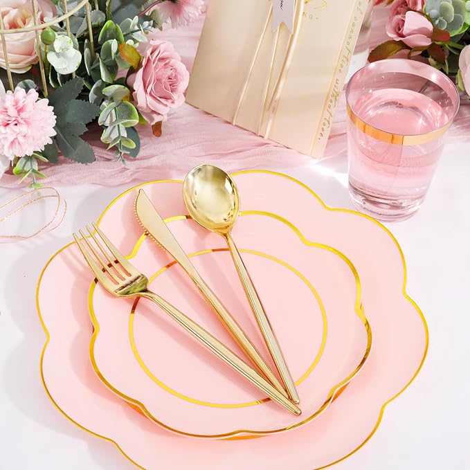ejonirinjonir EI 180pcs Pink Plastic Plates with Gold Plastic Silverware,Heavy-Duty Disposable Plates for Party,White Dinnerware Set for 30 Guest Wedding,Birthday,Valentine's Day