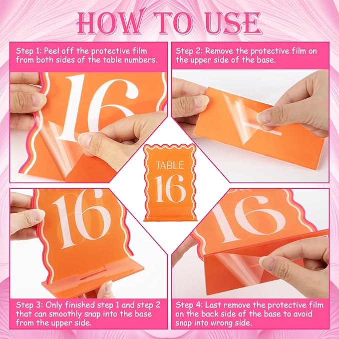 Wedding Acrylic Table Number 1-20 with 20Pcs Stands Pink & Orange, 5"x7" Elegant Place Card Centerpiece Decorations for Indoor Outdoor Wedding Bridal Shower Anniversary Party Reception