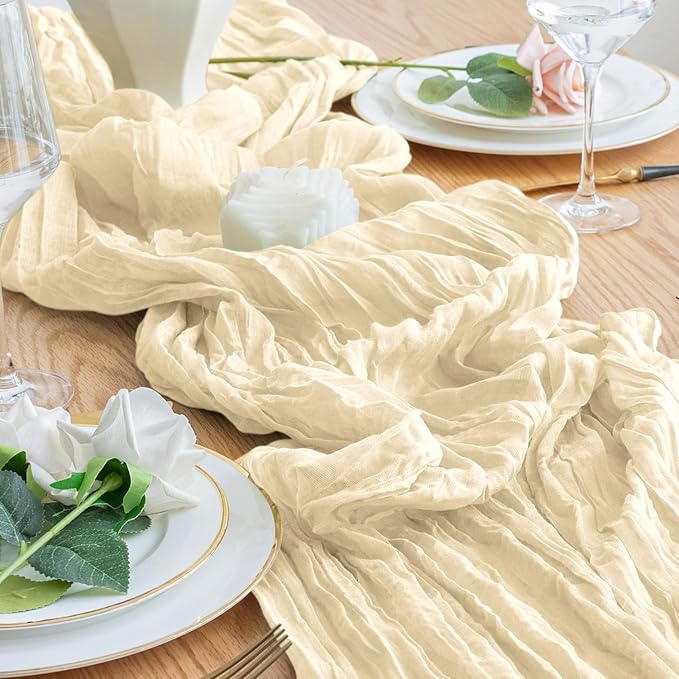 12PCS Table Runner Cheesecloth 10FT Beige Boho Gauze Cheese Cloth Rustic Sheer Table Runners for Wedding Bridal Baby Shower Party Decoration